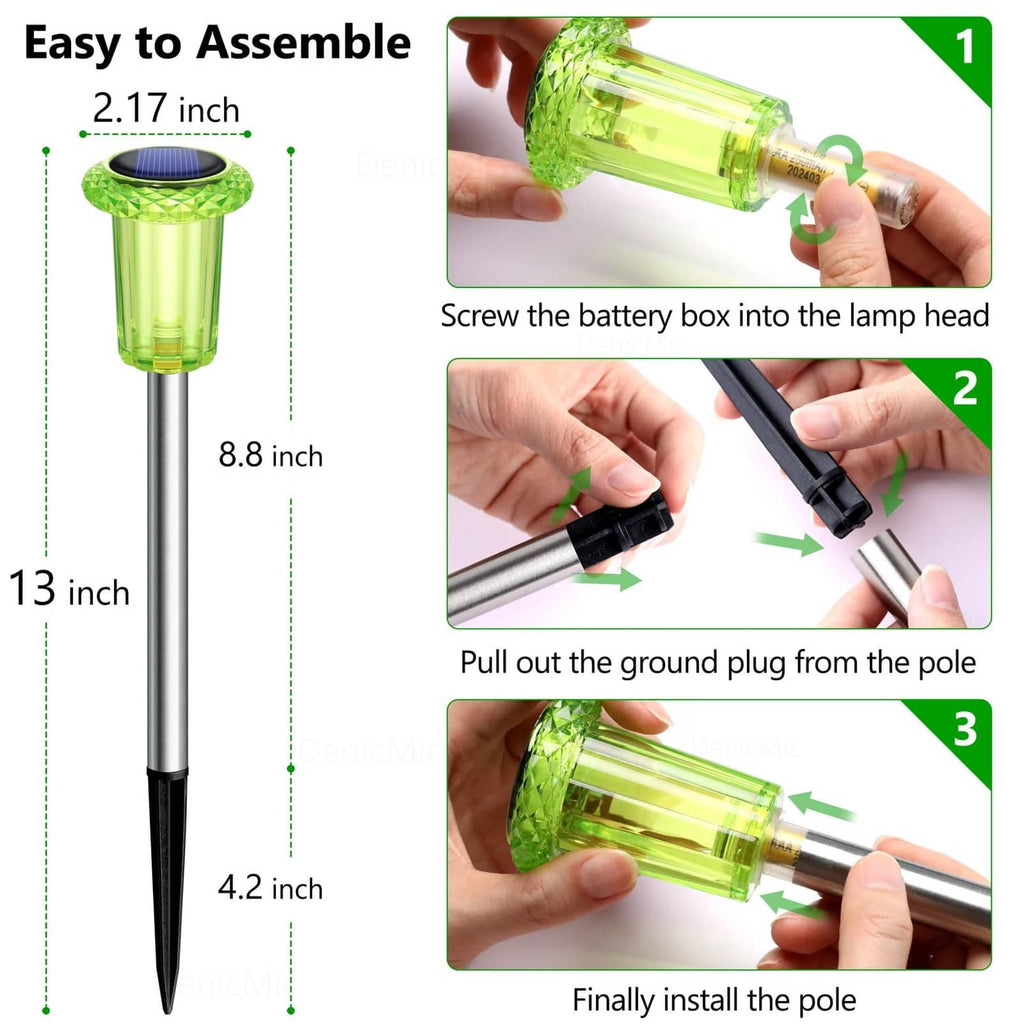 Green solar stake light with adjustable lamp head and ground spike installation steps
