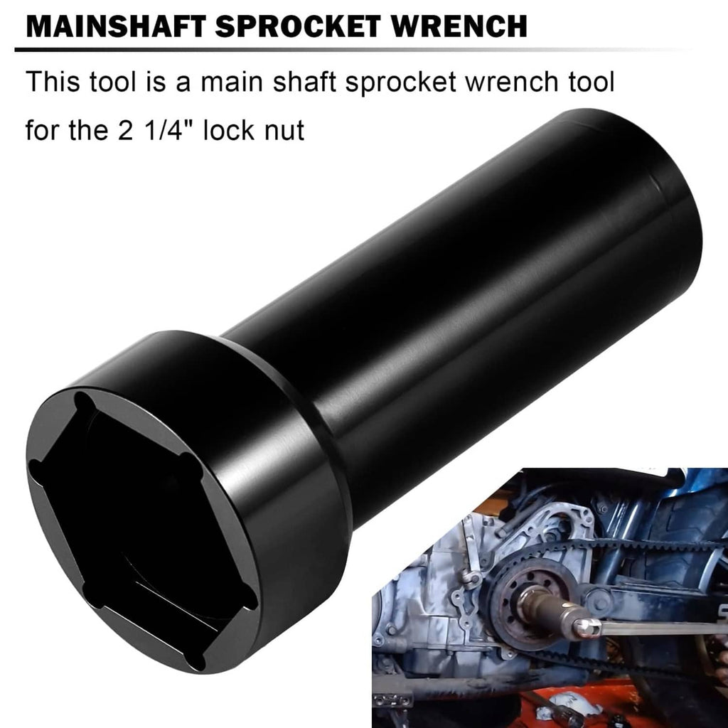 Mainshaft sprocket wrench socket tool, black cylindrical steel body with hex socket