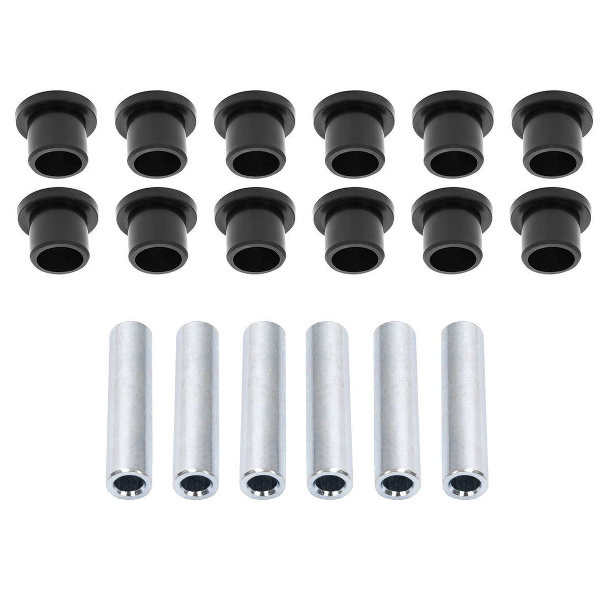 Black rubber bushings and silver metal sleeves, arranged in two rows