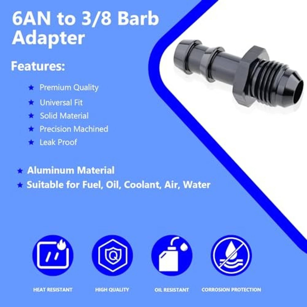 Compact black aluminum 6AN to 3/8 barb adapter with hex fittings