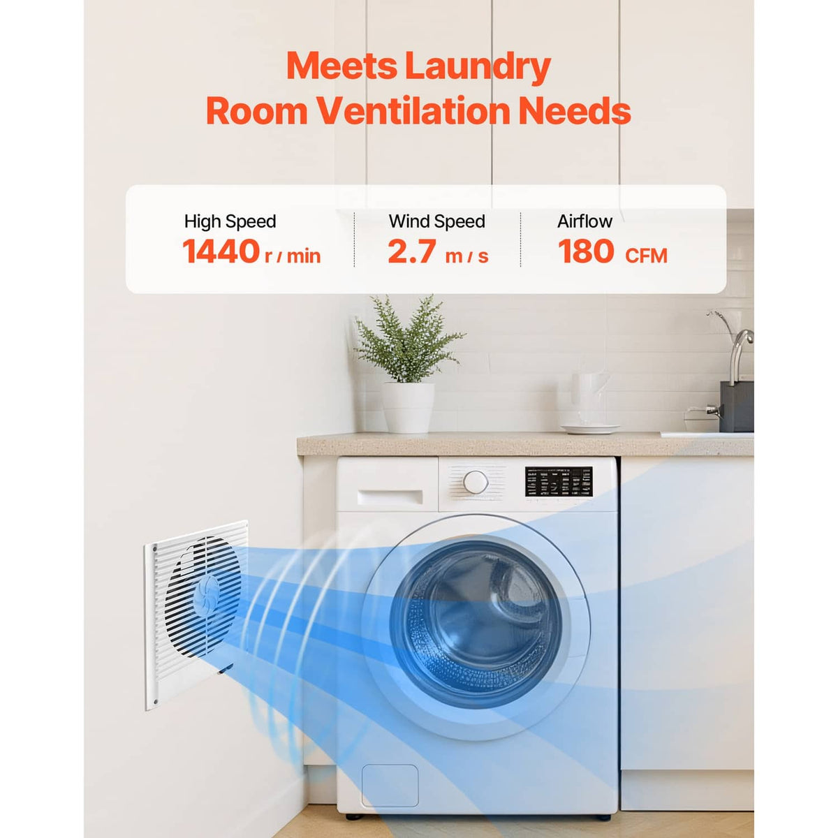 Wall-mounted ventilation fan mounted near a washing machine with blue airflow stream