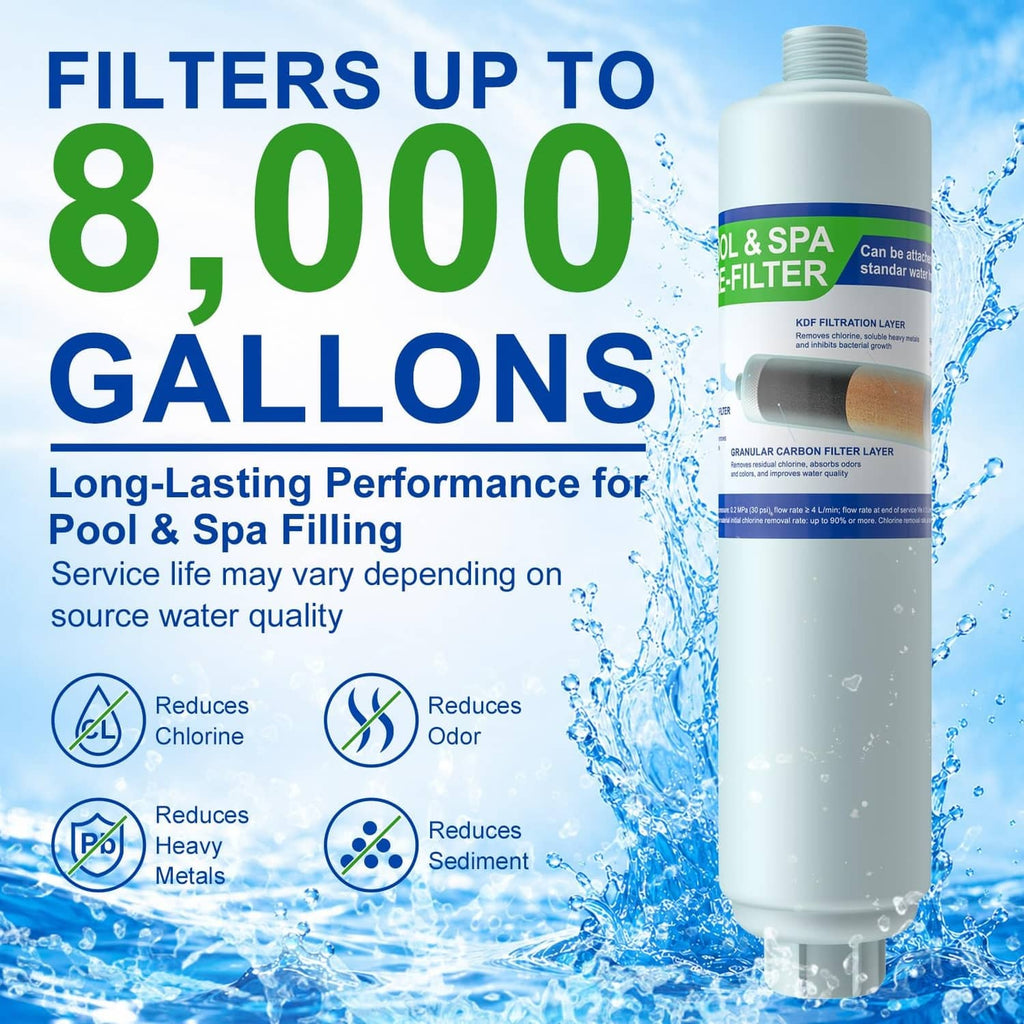 White inline garden hose water filter with blue label and threaded top and bottom