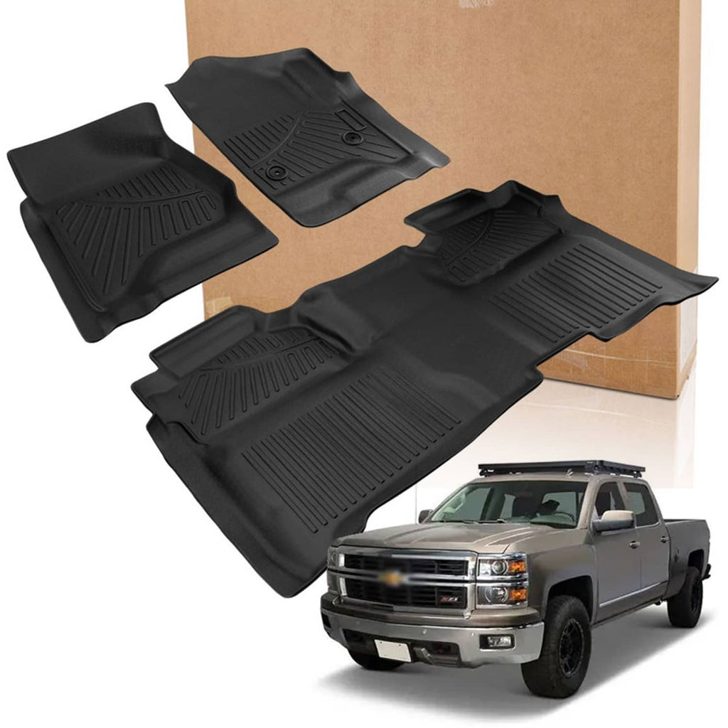 Black weather floor liner set laid out beside a cardboard box