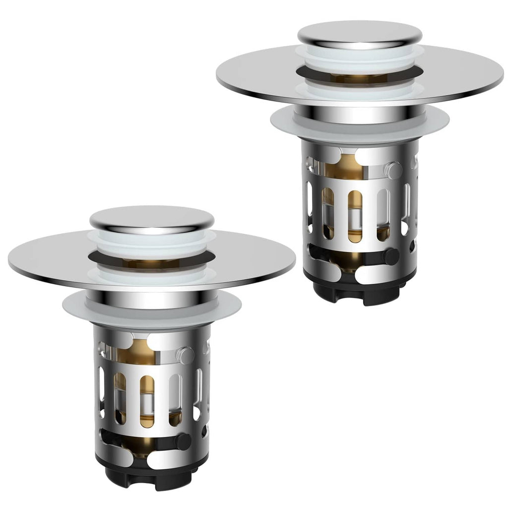 Chrome bathroom sink pop-up drain strainer, two-piece set with removable basket