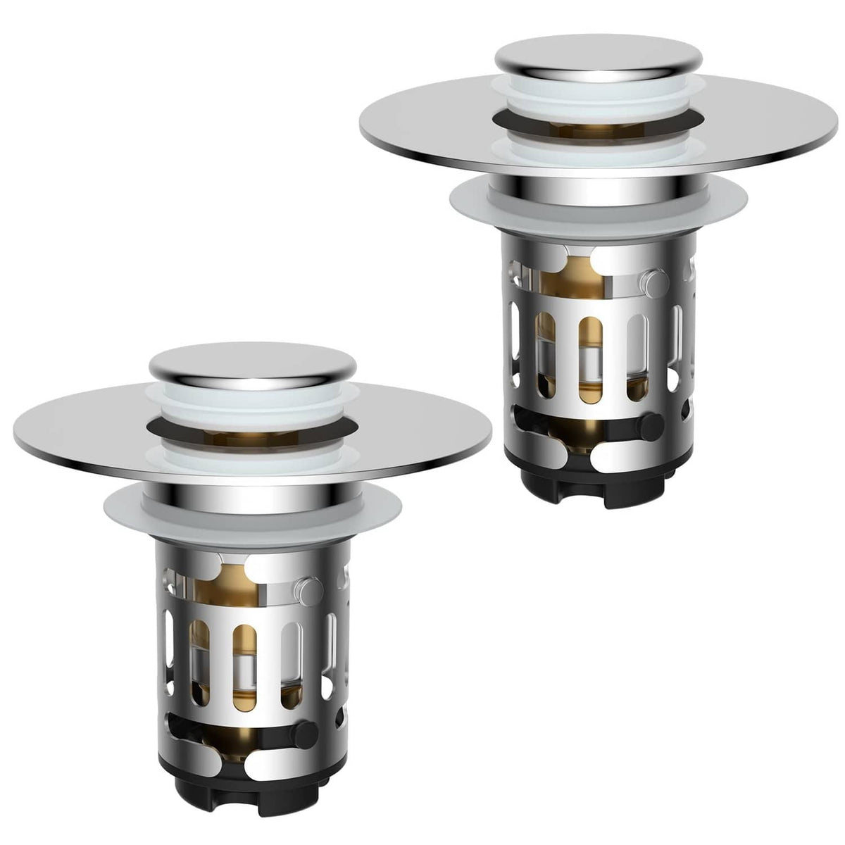 Chrome bathroom sink pop-up drain strainer, two-piece set with removable basket