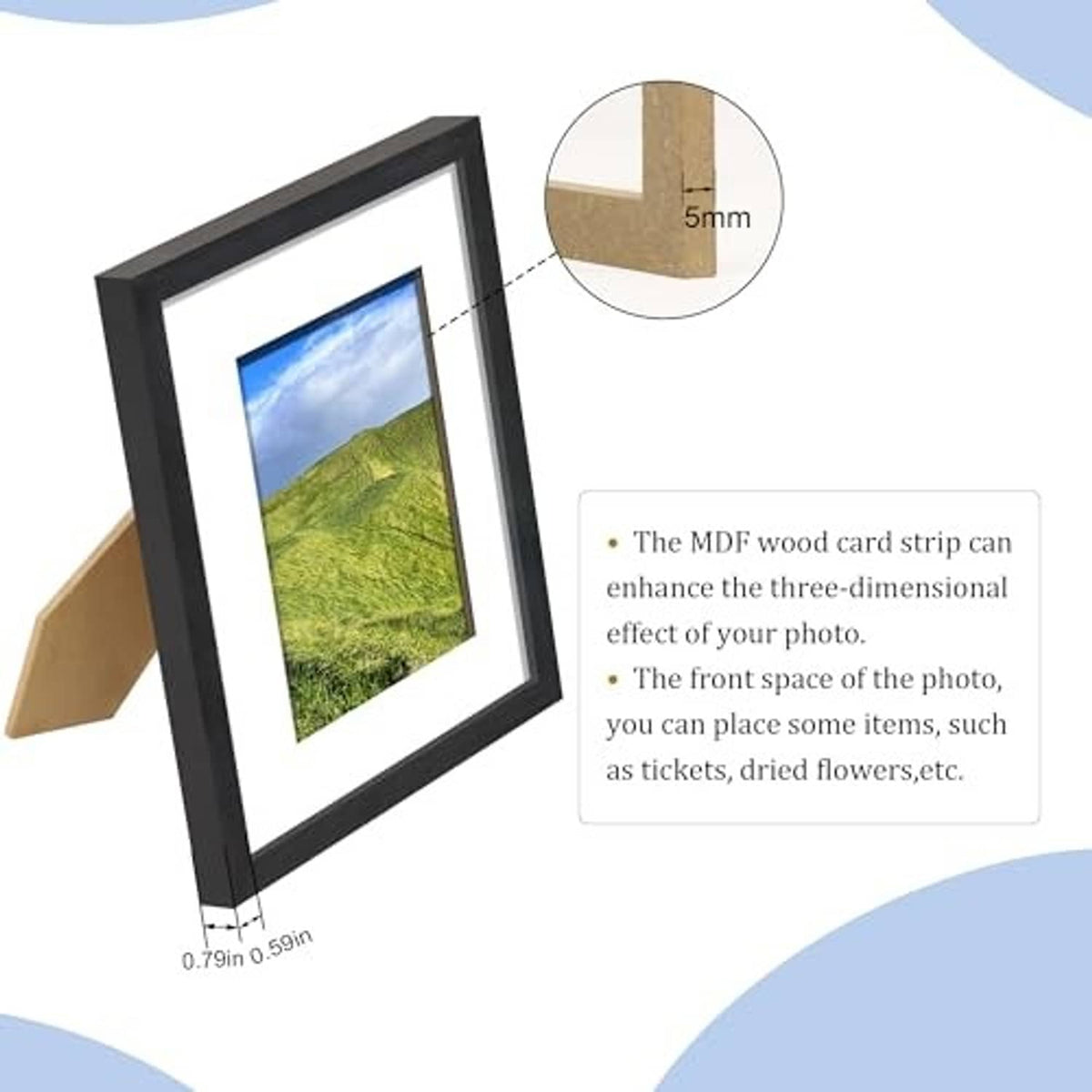 Tilted black shadow box photo frame with real glass and raised depth strip