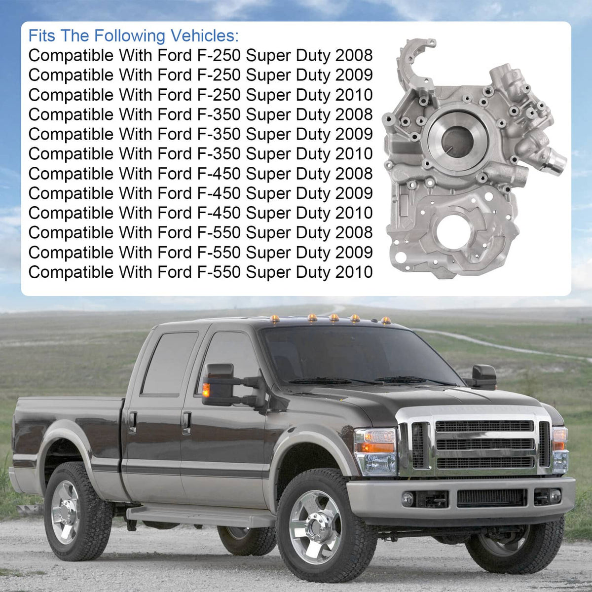 Engine timing cover shown next to pickup truck, front three-quarter view of aluminum part