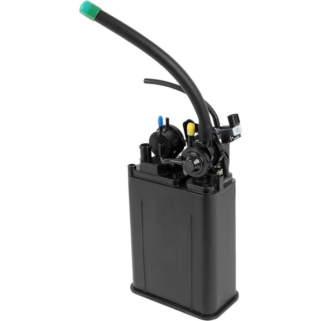 Fuel vapor charcoal canister with black base and green-tipped vacuum hose