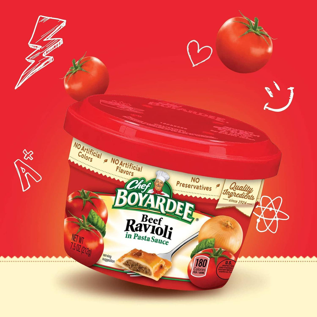 Chef Boyardee beef ravioli in pasta sauce microwaveable cup with red lid
