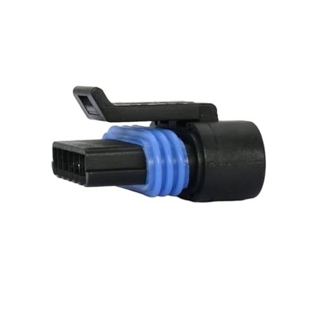Wiring harness connector with black body and blue center latch, with mounting tabs