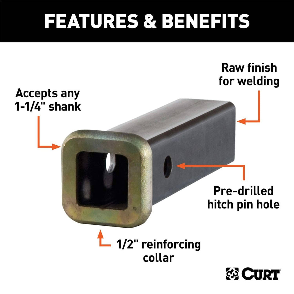 Trailer hitch receiver features diagram showing 1-1/4 in shank and 1/2 in reinforcing collar
