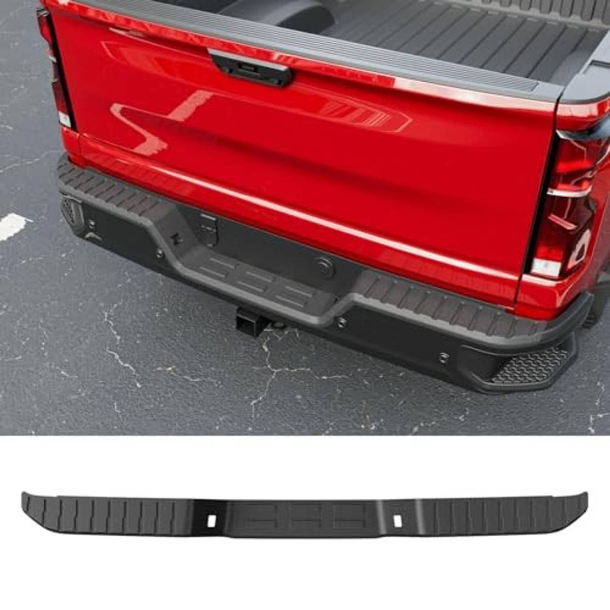 Rear bumper step pad, black textured protective strip with center cutouts