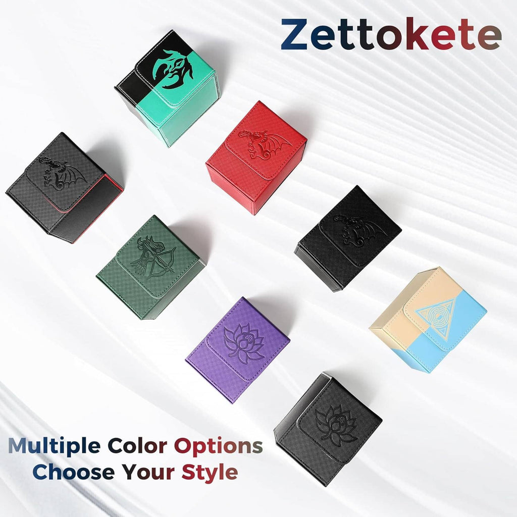 Assorted magnetic card deck boxes in different colors, each with embossed emblem flap