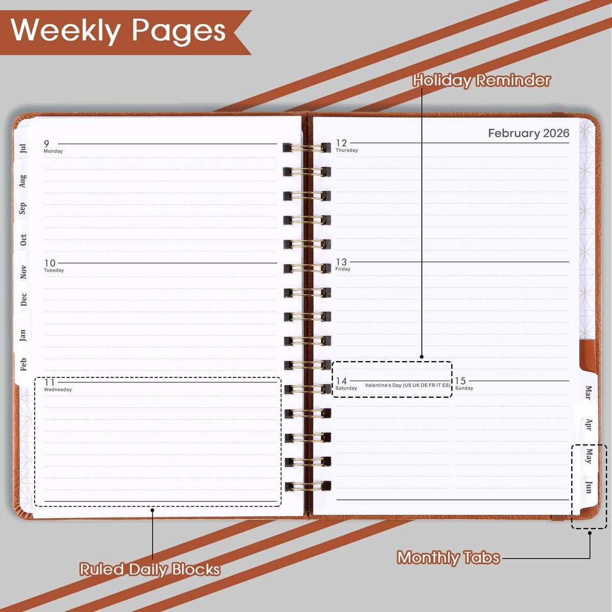 Open twin-wire planner with weekly pages, ruled daily blocks, and monthly tabs.