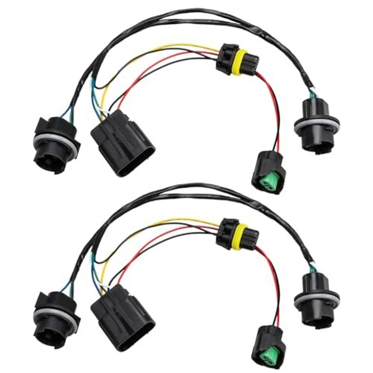 Front headlamp wiring harness with round plug sockets, black housings, and wire leads