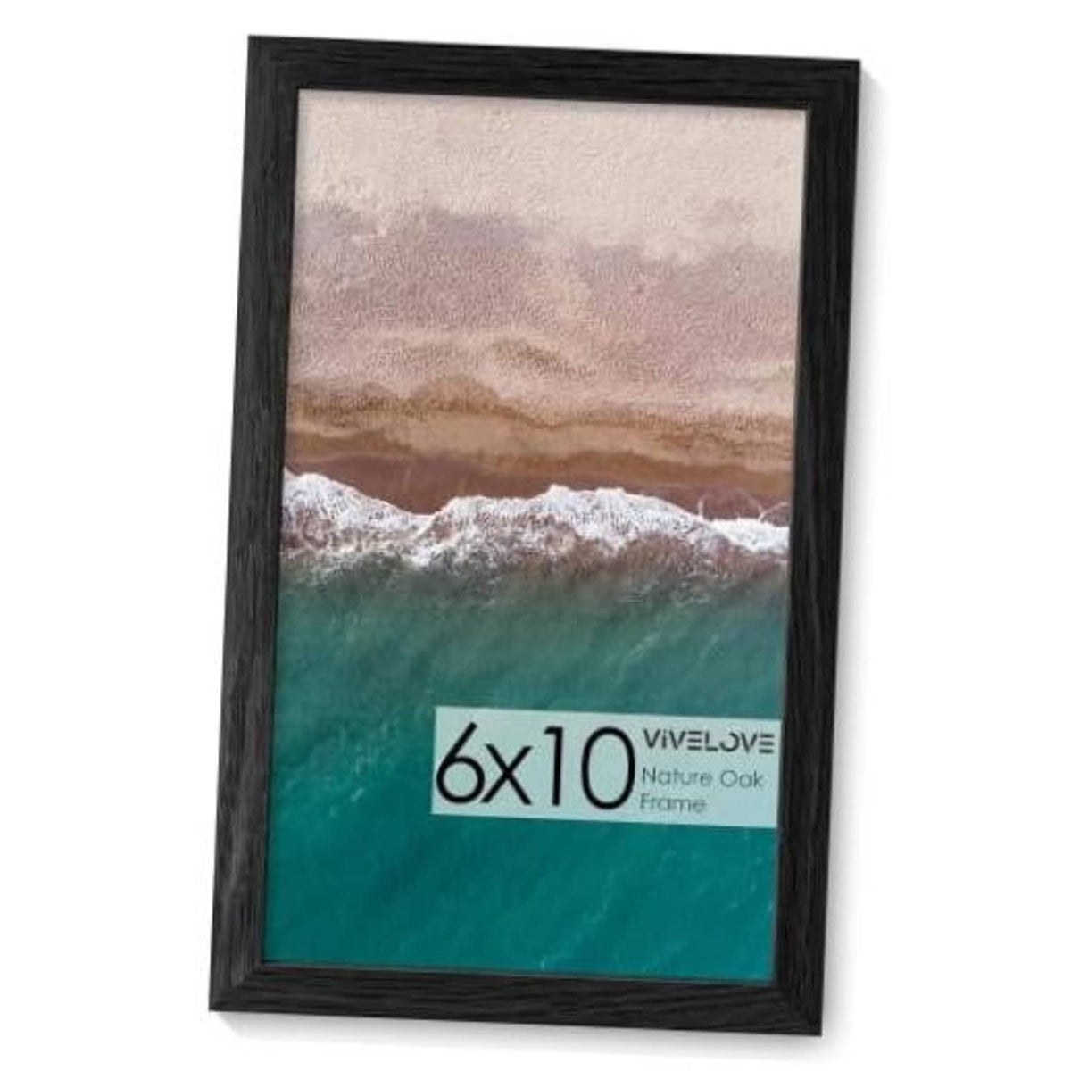 Black wood picture frame holding a seascape photo, size 6x10.