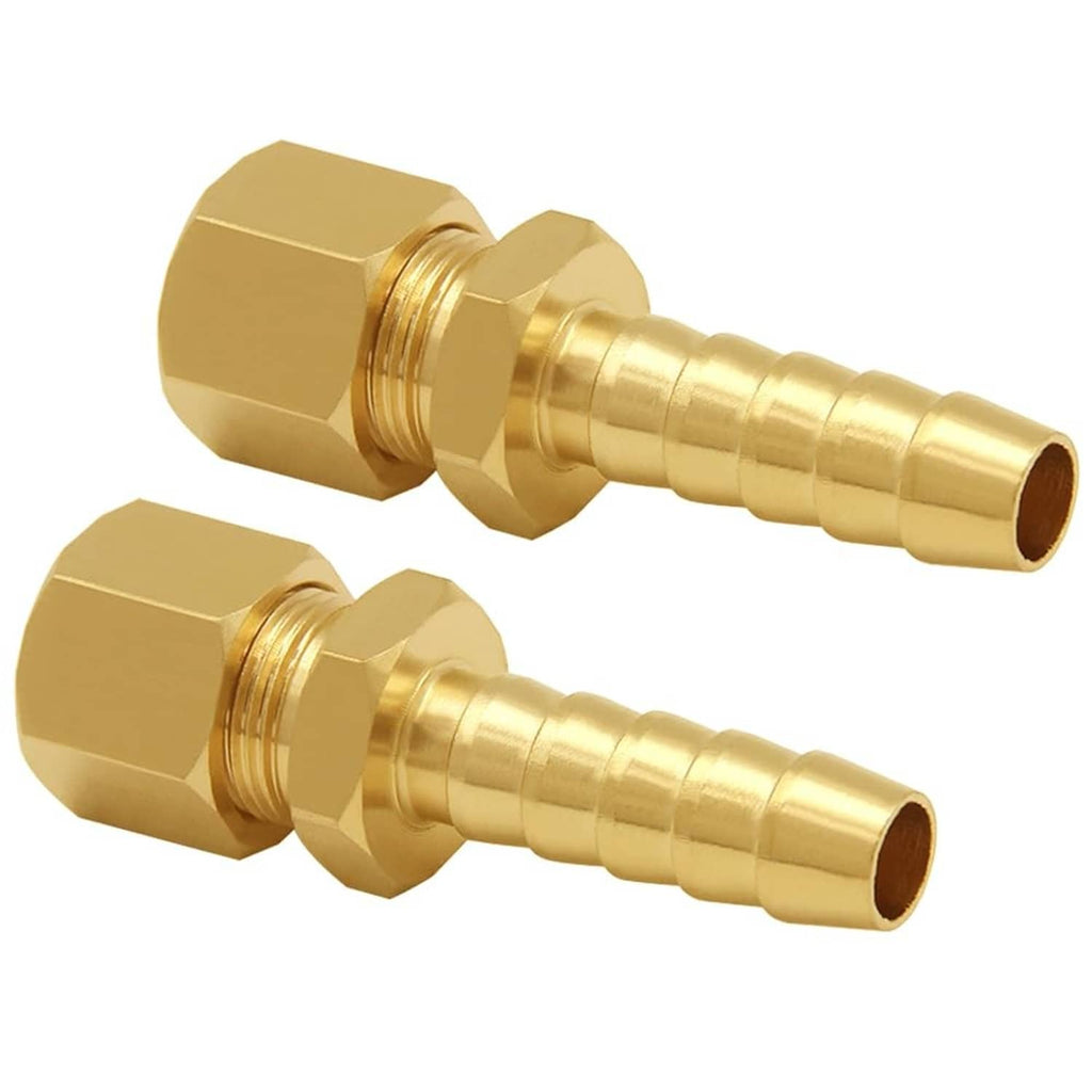 Brass fuel line adapter with hex compression nut and 3/8 barbed hose end, gold tone.