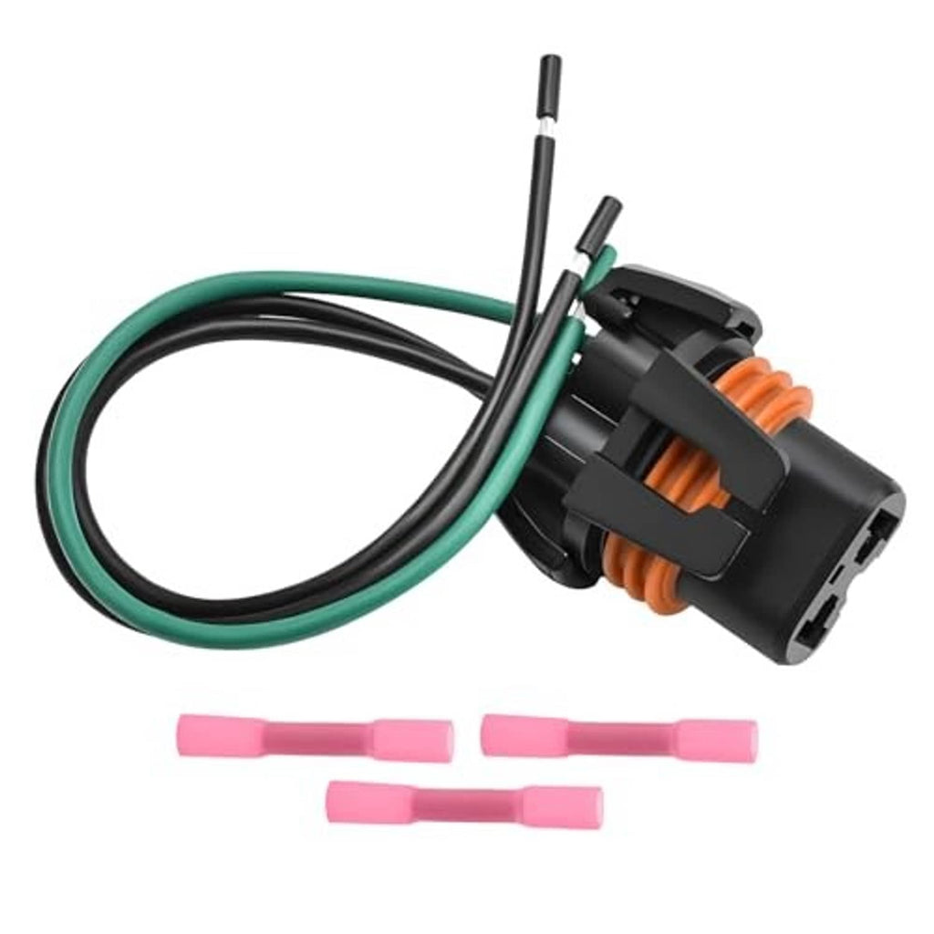 Halogen bulb connector pigtail with black housing, green/black wires, and pink splice pieces