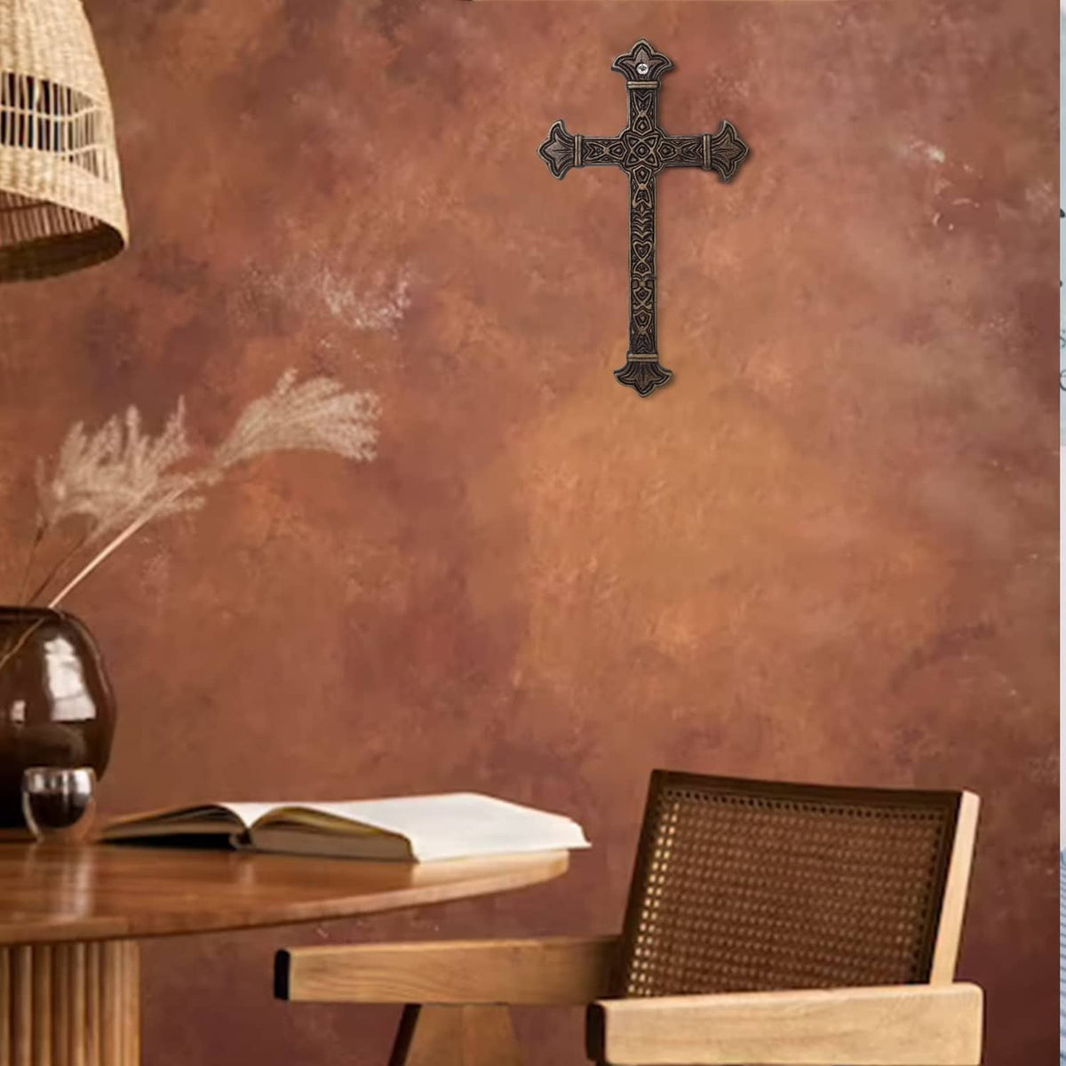 Antique metal Christian wall cross wall decor with symmetrical engraved pattern