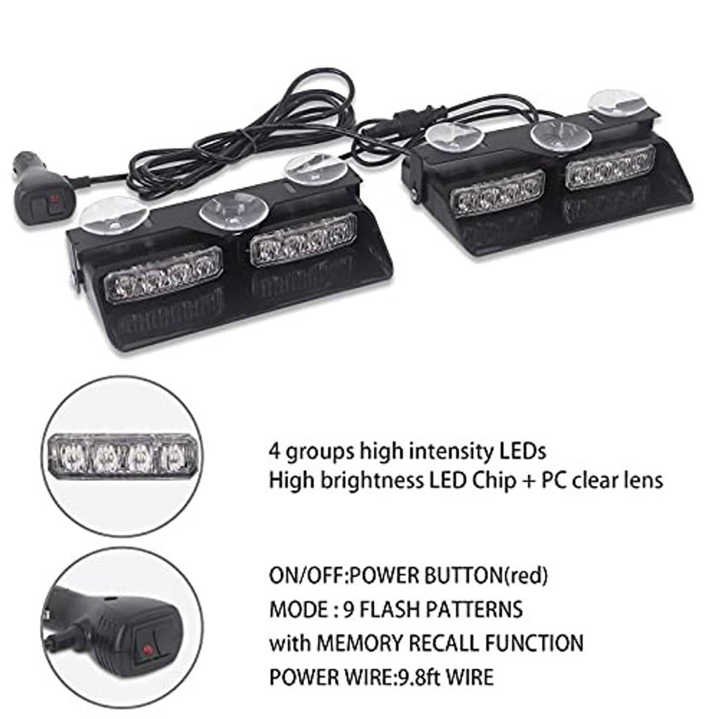Two black dash strobe LED emergency light bars with red power button and clear lenses