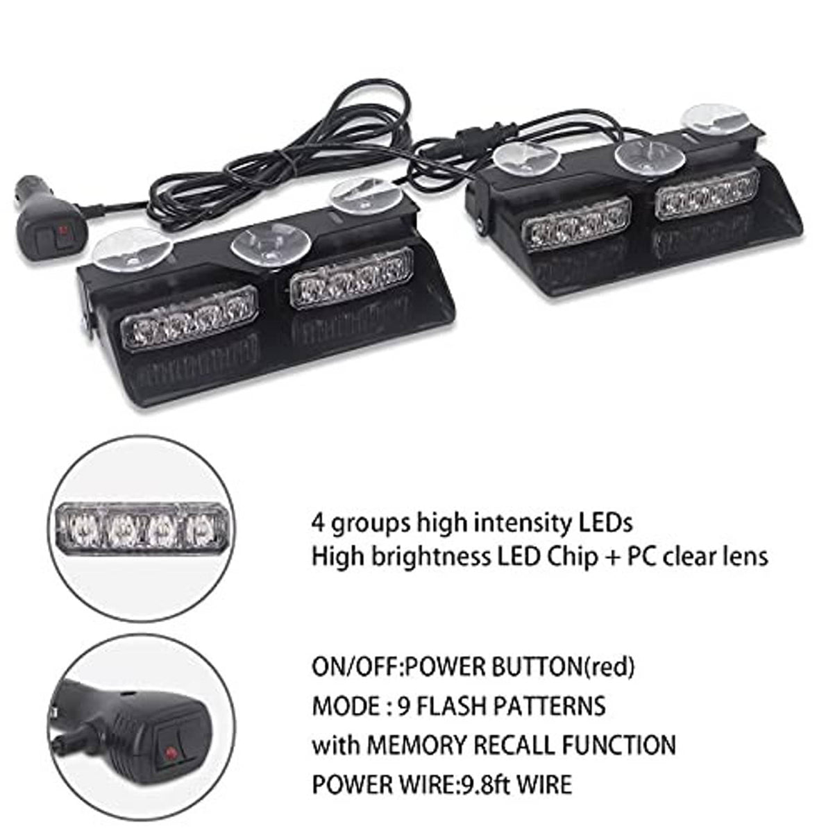Two black dash strobe LED emergency light bars with red power button and clear lenses