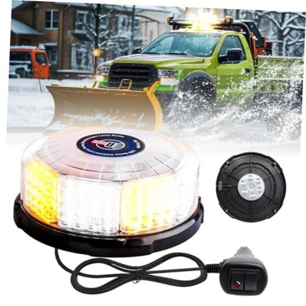 Amber-white 96-LED beacon strobe light with magnetic base and inline power switch