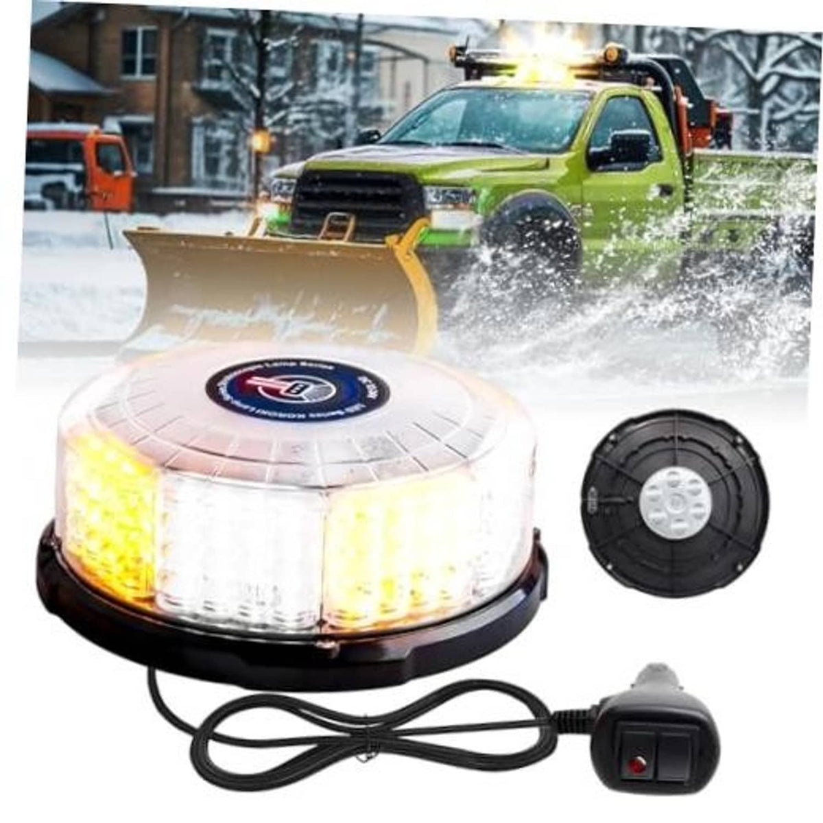 Amber-white 96-LED beacon strobe light with magnetic base and inline power switch