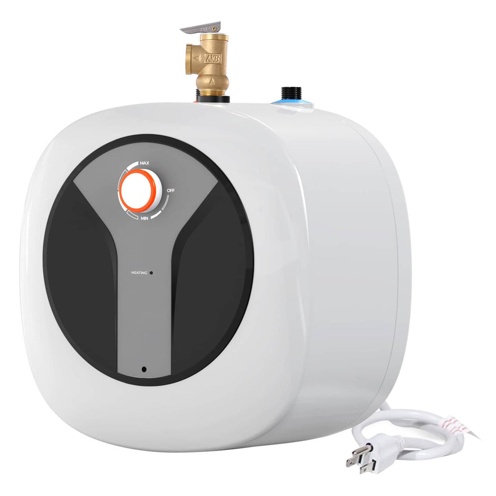Compact electric mini tank water heater with orange temperature dial and brass fittings