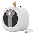 Compact electric mini tank water heater with orange temperature dial and brass fittings