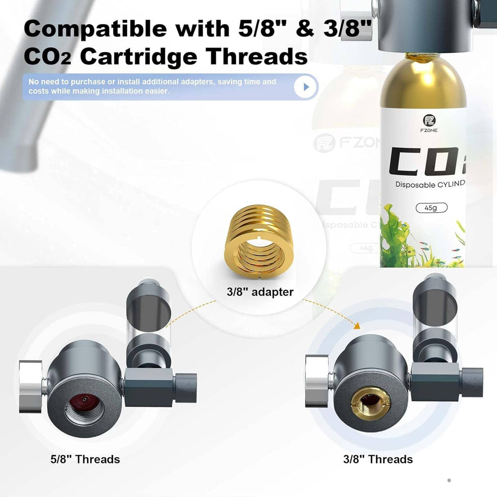 Aquarium CO2 system with 5/8" and 3/8" thread adapters and disposable CO2 cartridge