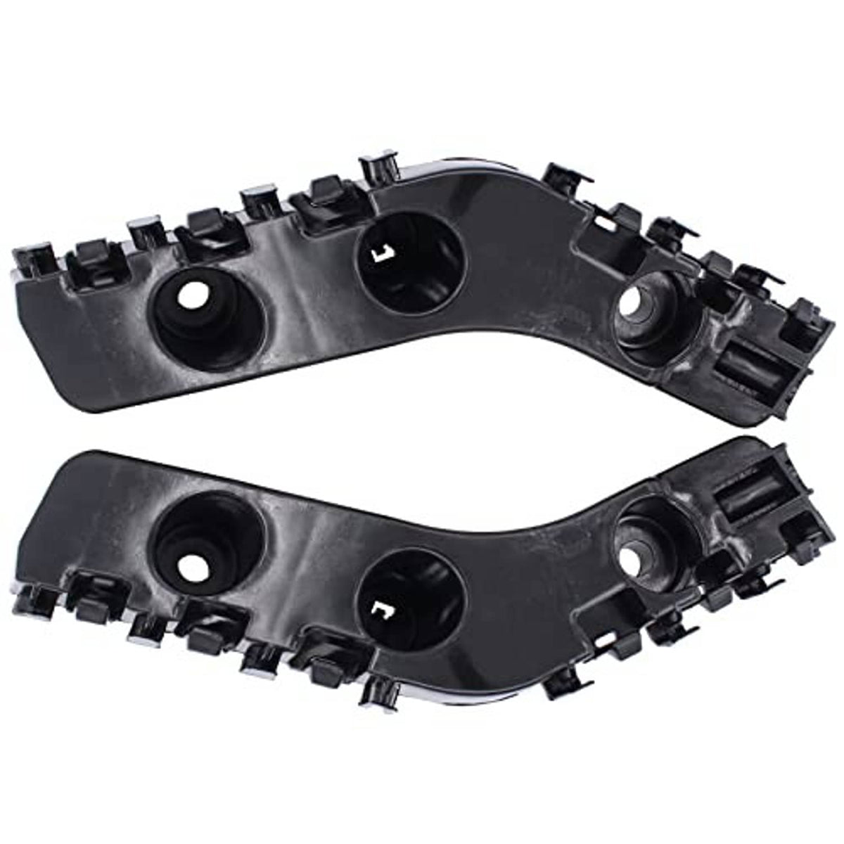 Set of two front bumper bracket retainer mounts, black plastic, angled view