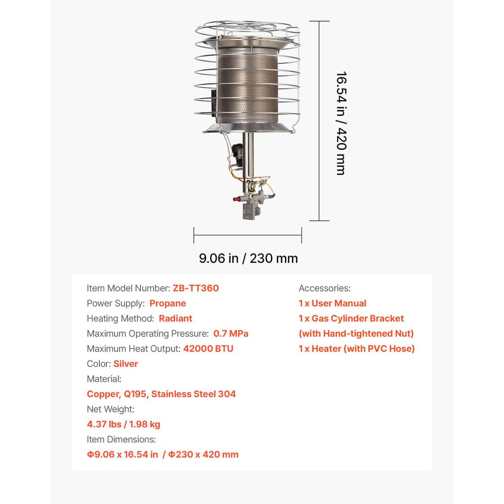 Propane radiant heater dimensions diagram showing burner cage and stand