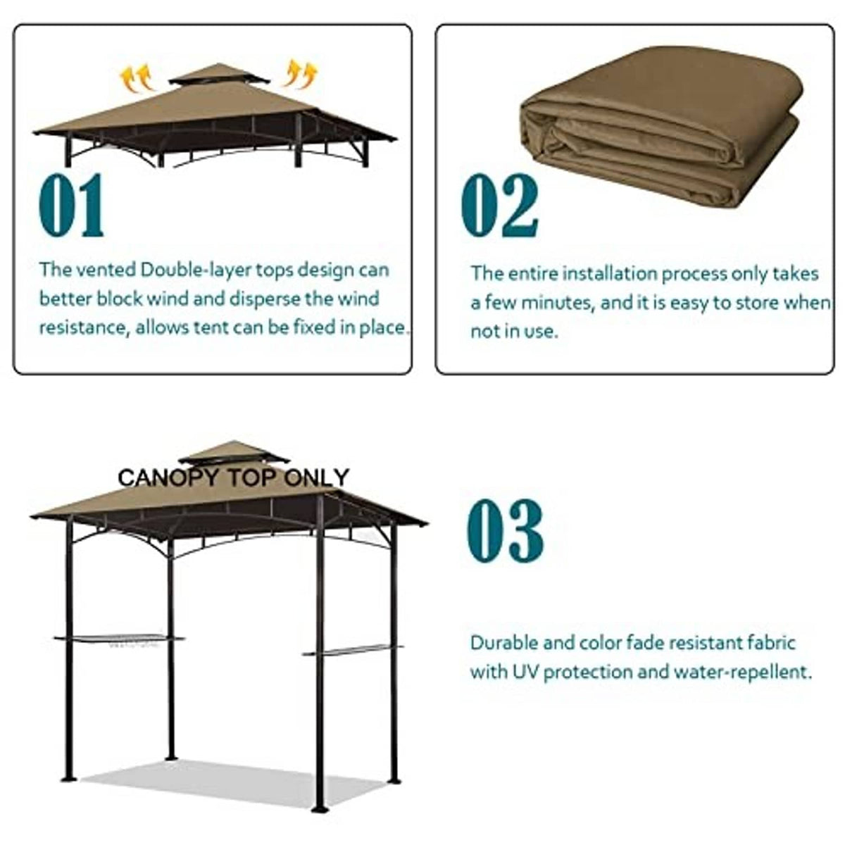 Khaki canopy top only, shown assembled and neatly folded for storage