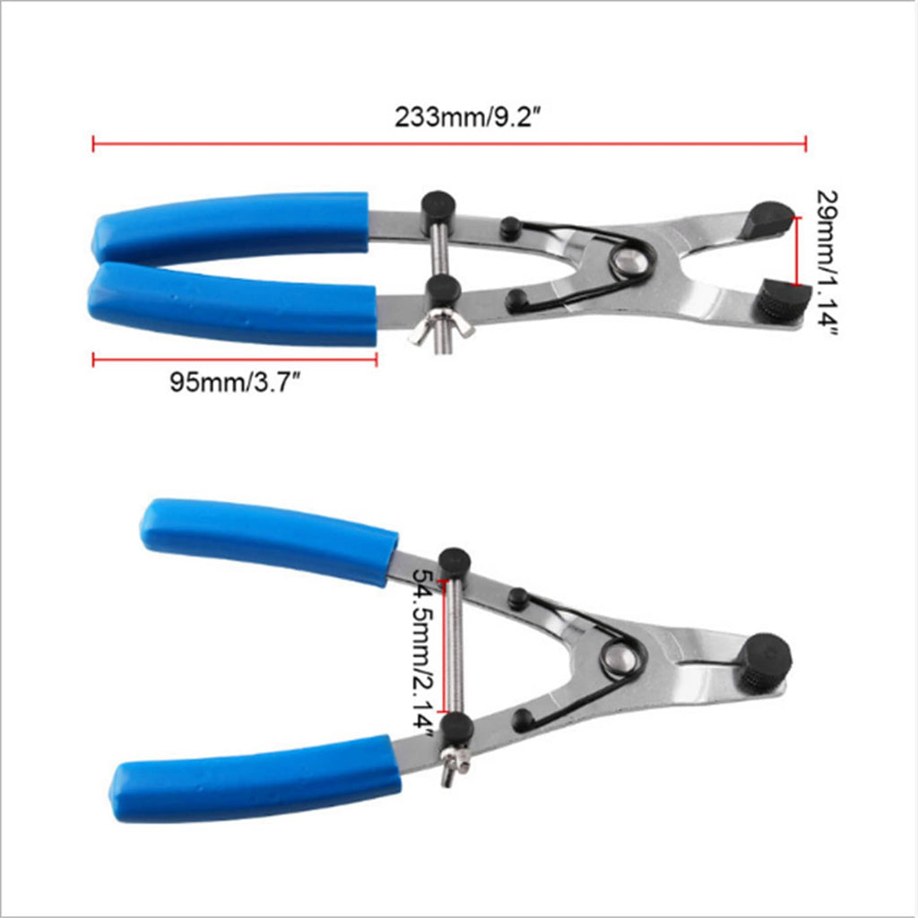 Brake caliper piston removal pliers with length dimensions shown and blue grip handles