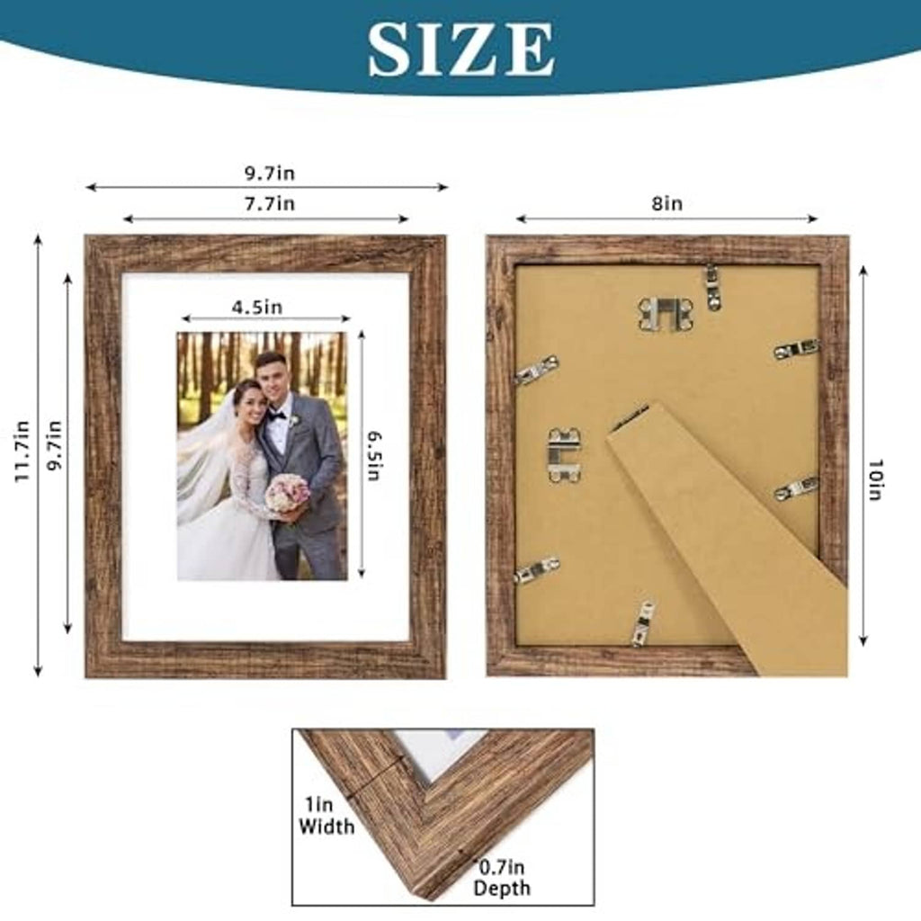 8x10 rustic brown picture frame diagram showing frame size and real-glass backing