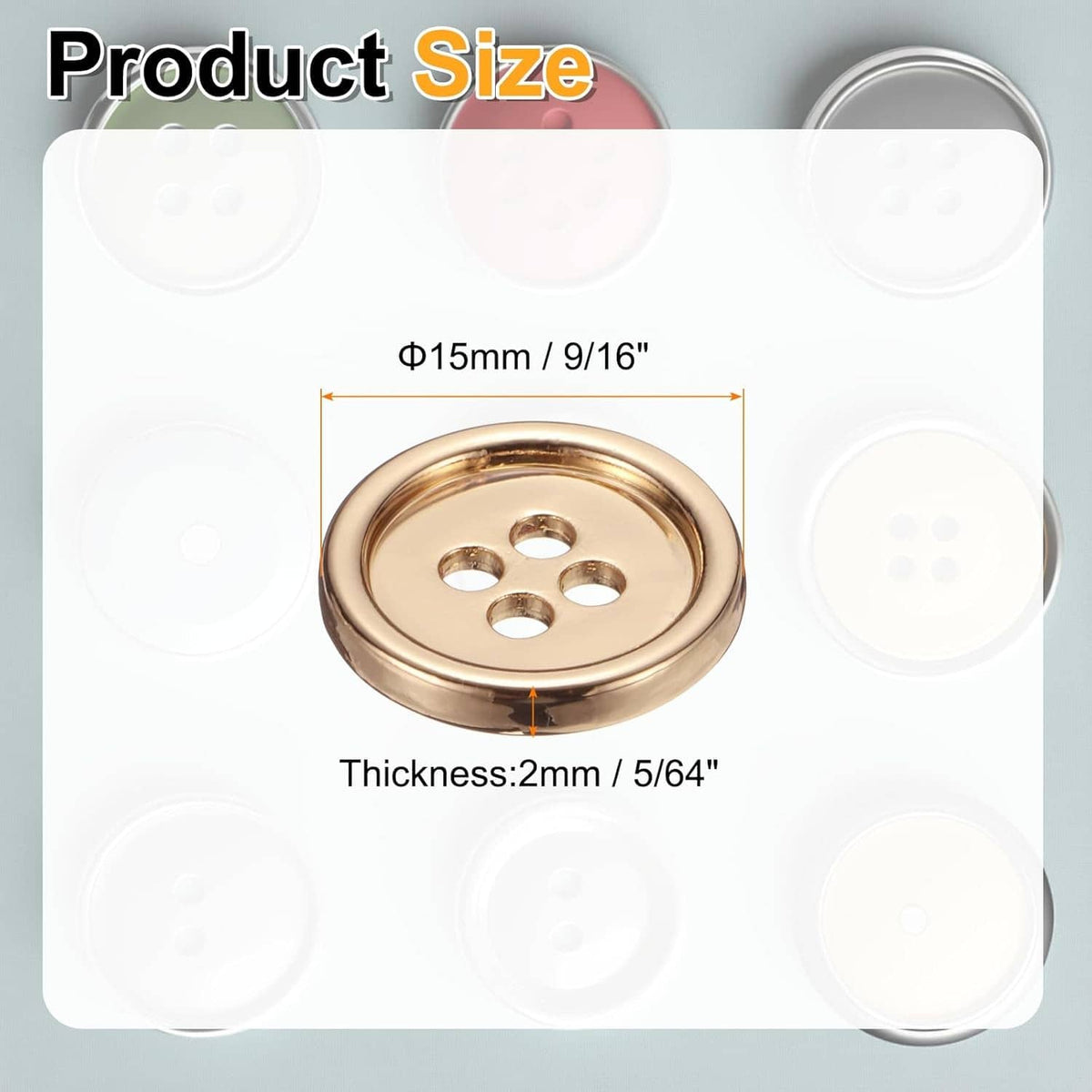 Round 4-hole metal sewing button, gold-tone, 15 mm diameter, 2 mm thickness