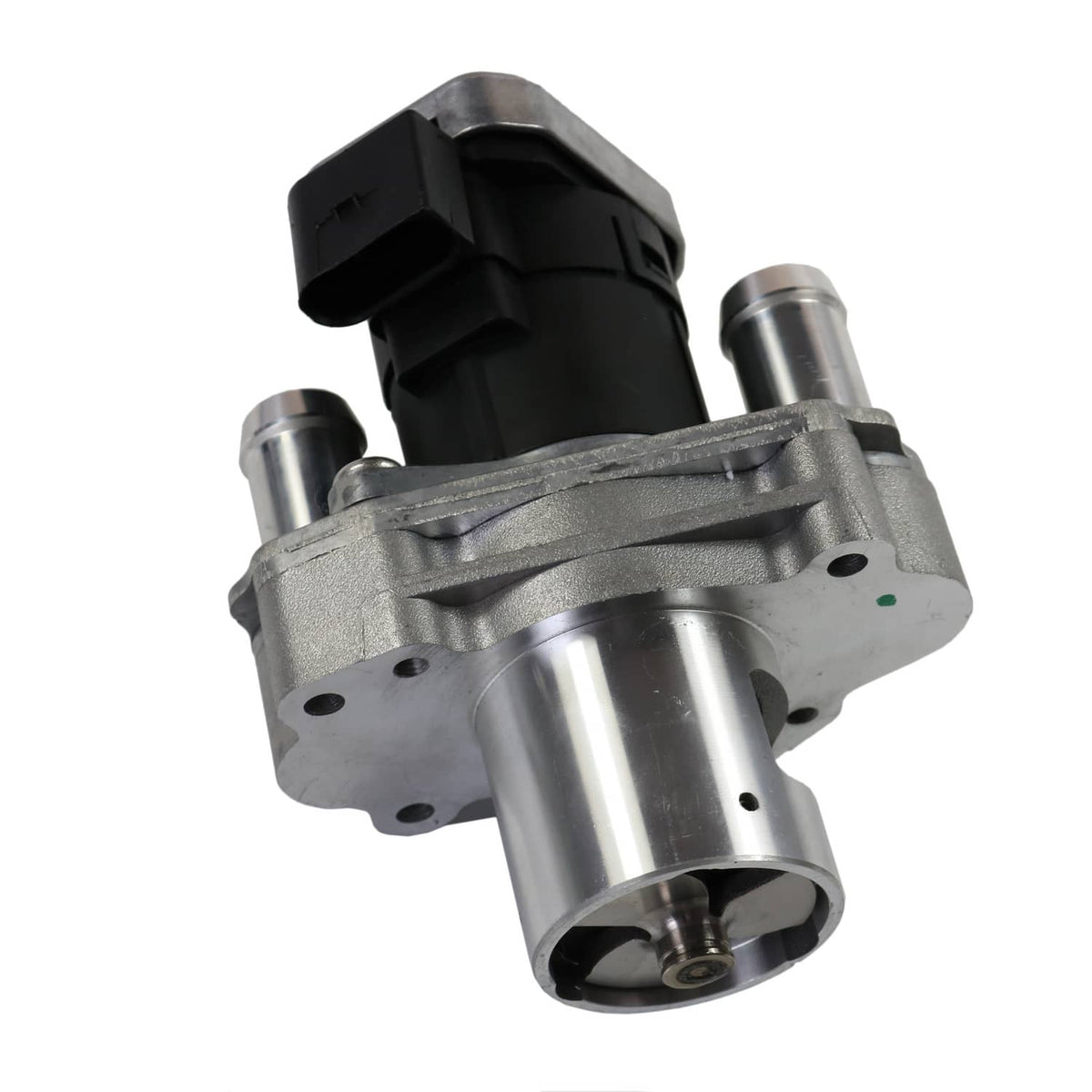 EGR valve with silver body, black connector, and side silver pipe ports