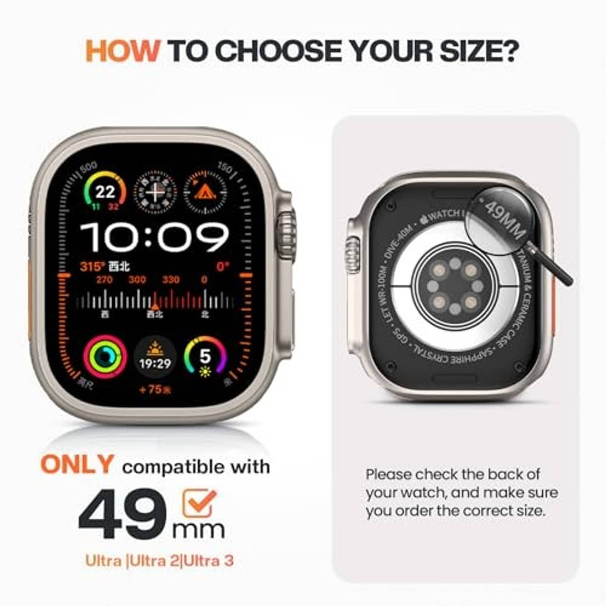 Silver metal watch case with screen protector, shown on watch face and back