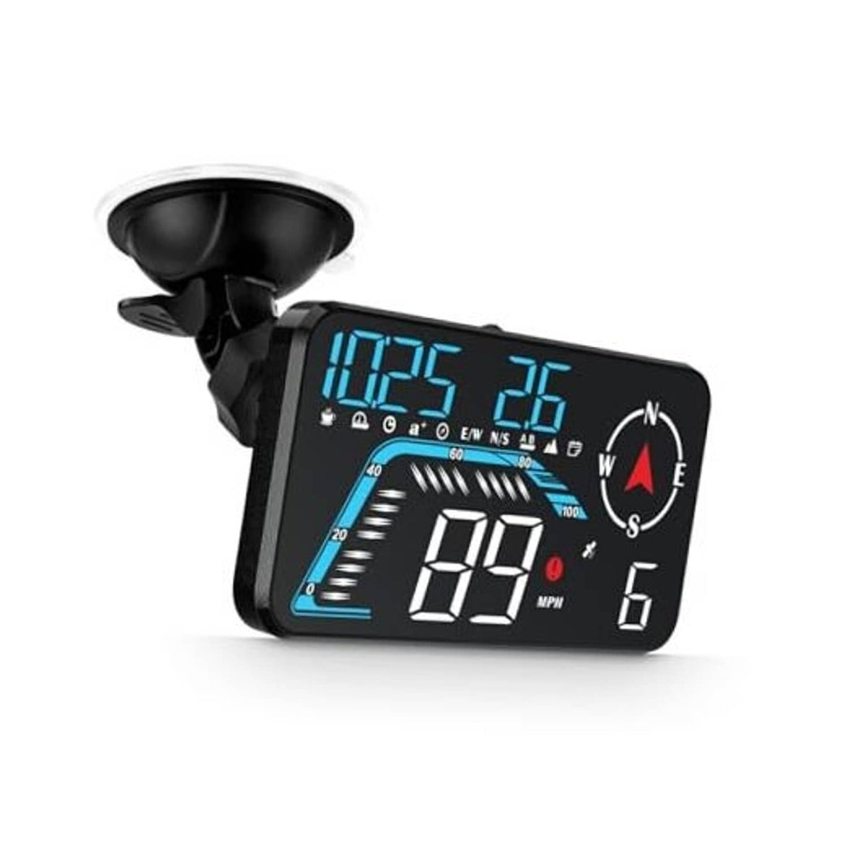 Car head-up display with black housing, blue speed digits and compass-style gauge