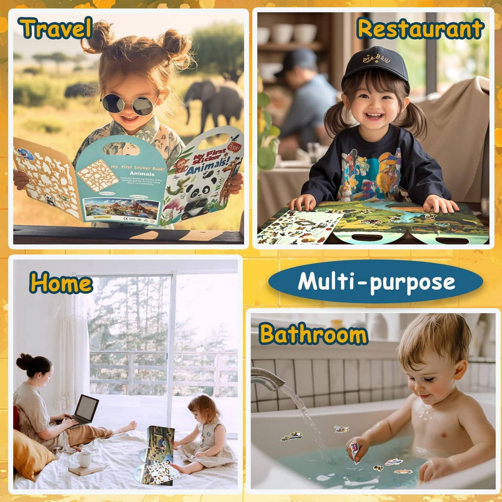 Reusable jelly sticker activities for Travel, Restaurant, Home, and Bathroom scenes