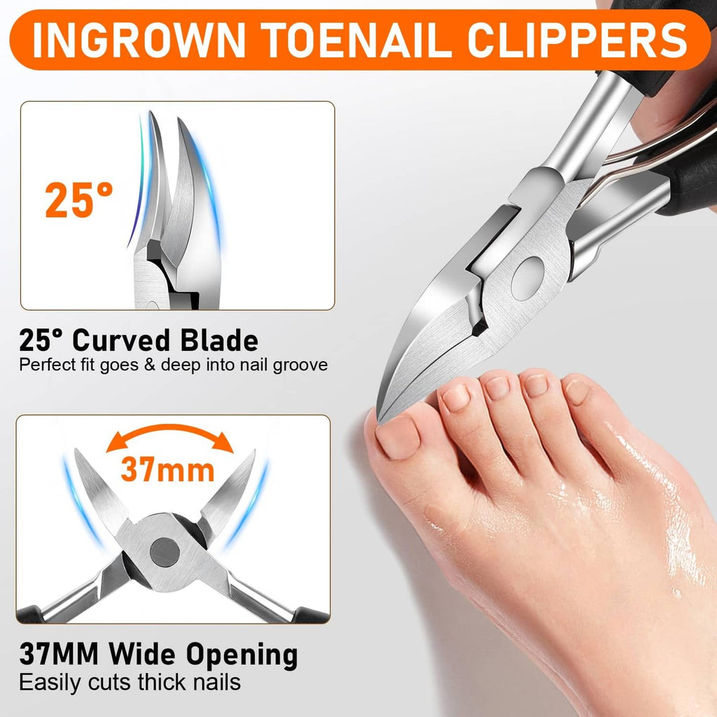 Curved-blade toenail clipper with wide opening, shown cutting a toe nail