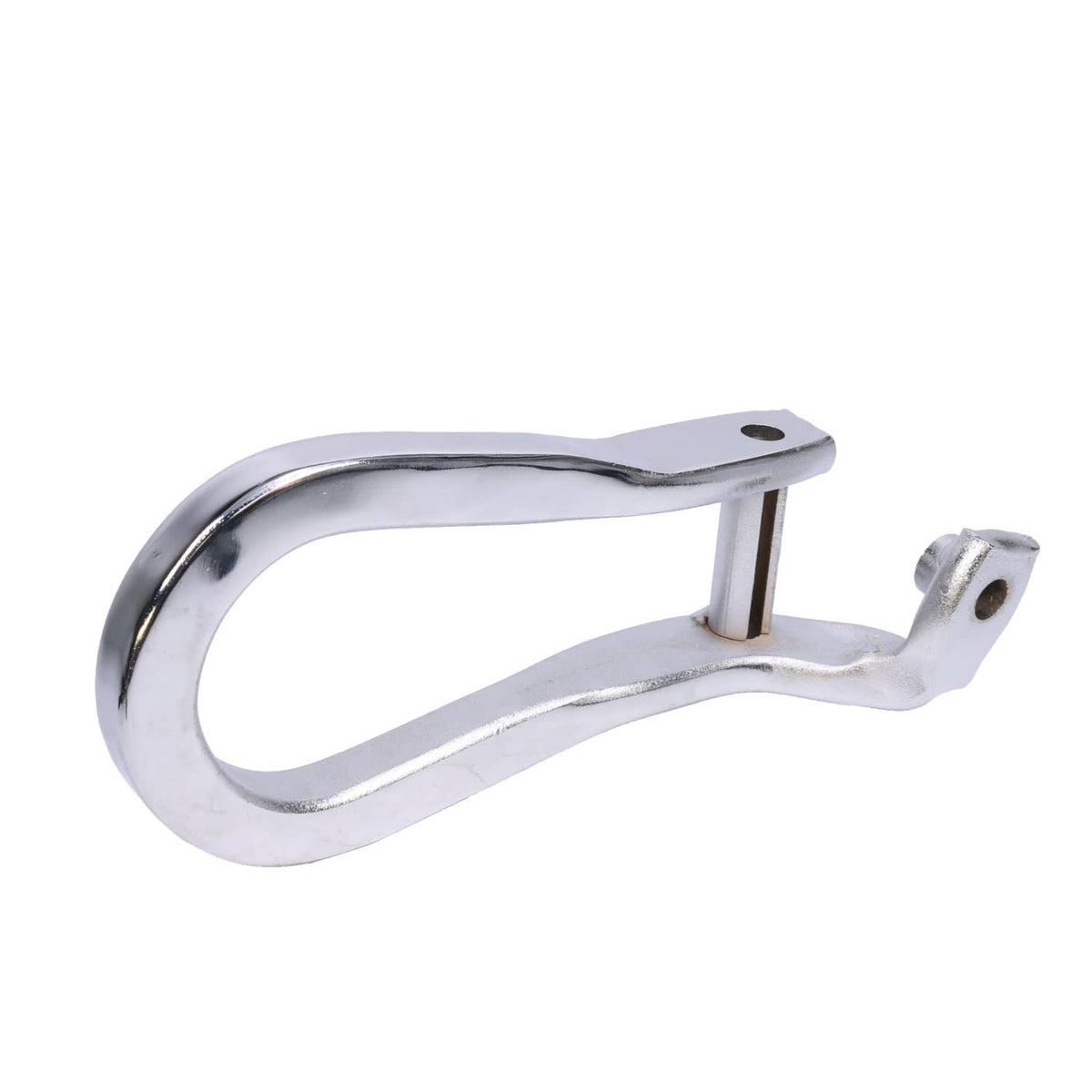 Chrome tow hook with curved loop and side bracket, visible mounting hole