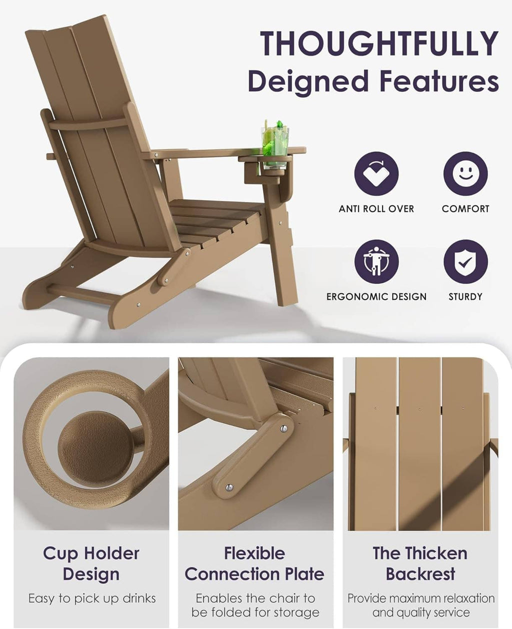 Tan Adirondack folding chair with side cup holder and ergonomic angled seat