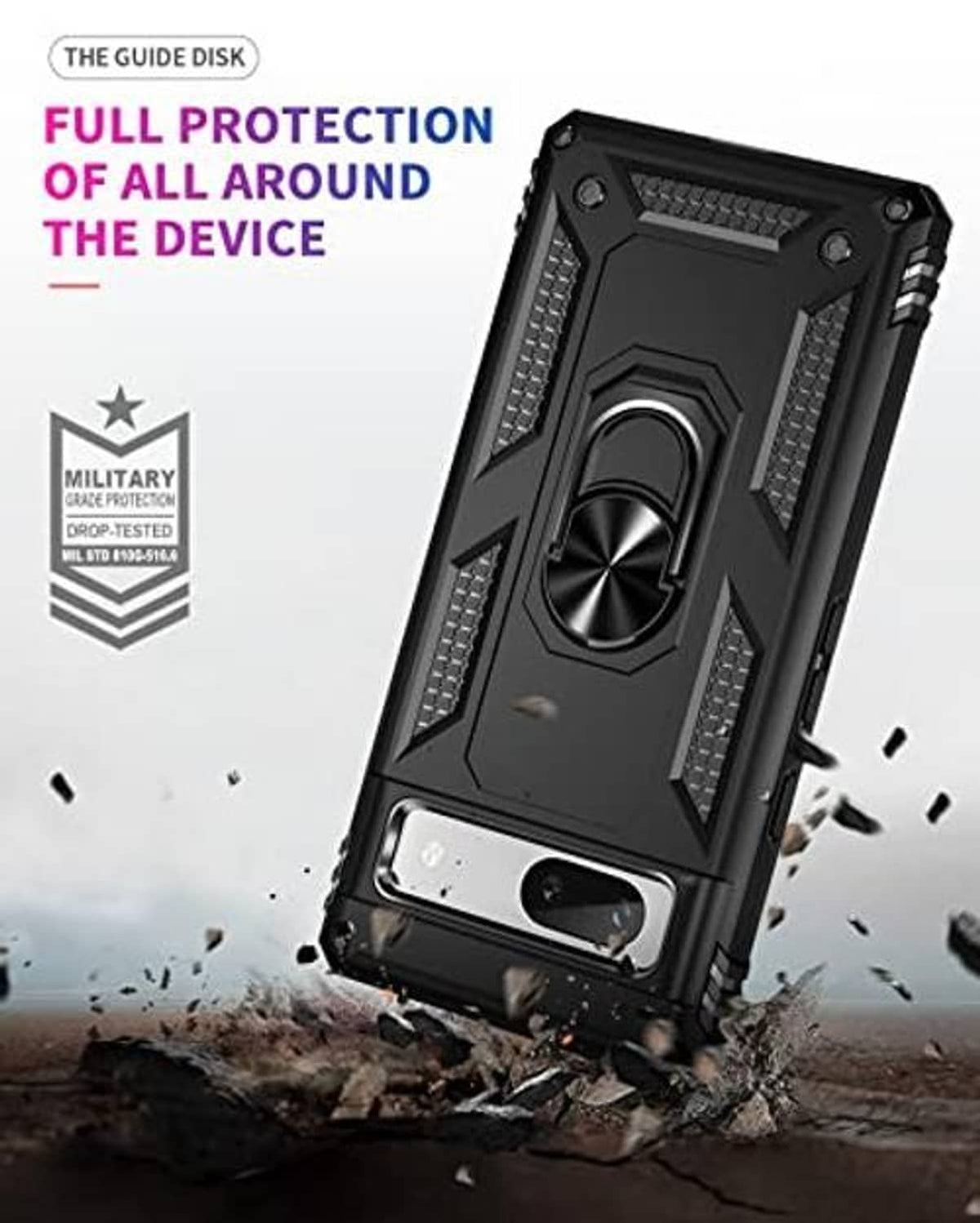 Rugged black phone case with ring kickstand and reinforced bumper corners