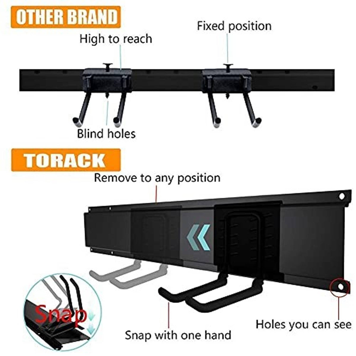 Black metal wall tool rack with adjustable mounting holes and snap-on hooks