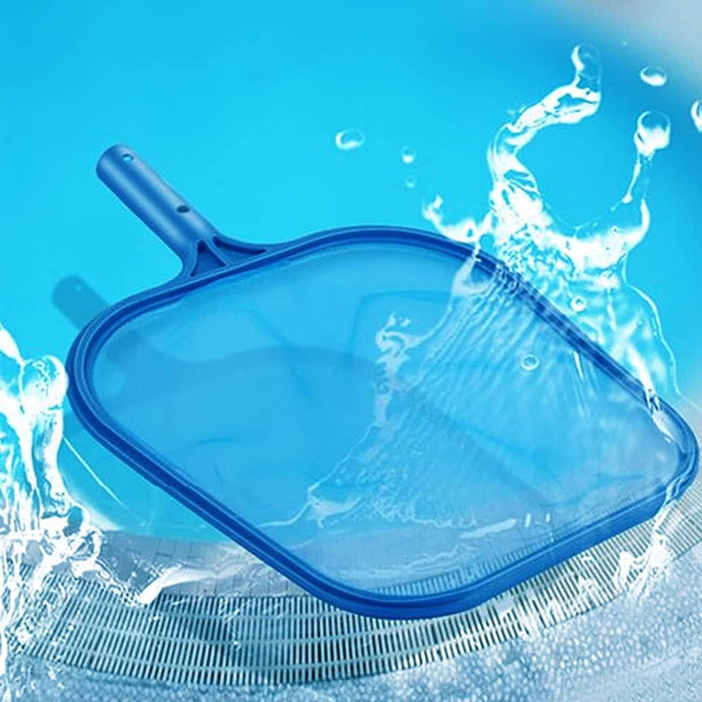 Blue pool skimmer leaf rake with fine mesh net and short handle near water ripples