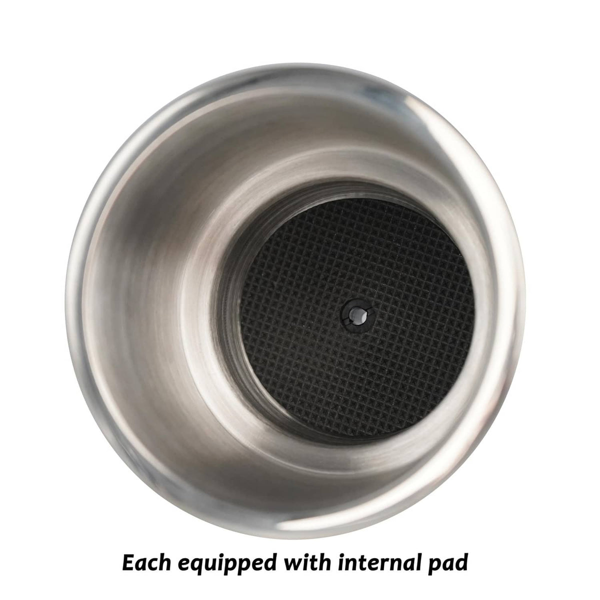 Stainless steel cup holder insert top view, circular opening with internal mesh pad