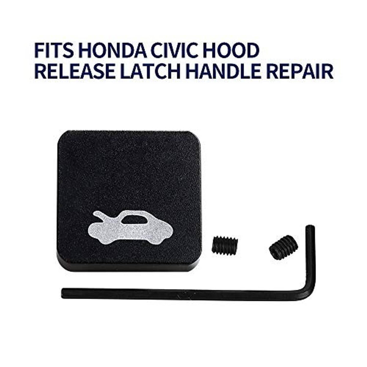 Black hood latch release handle with wrench icon, L-key, and two mounting screws
