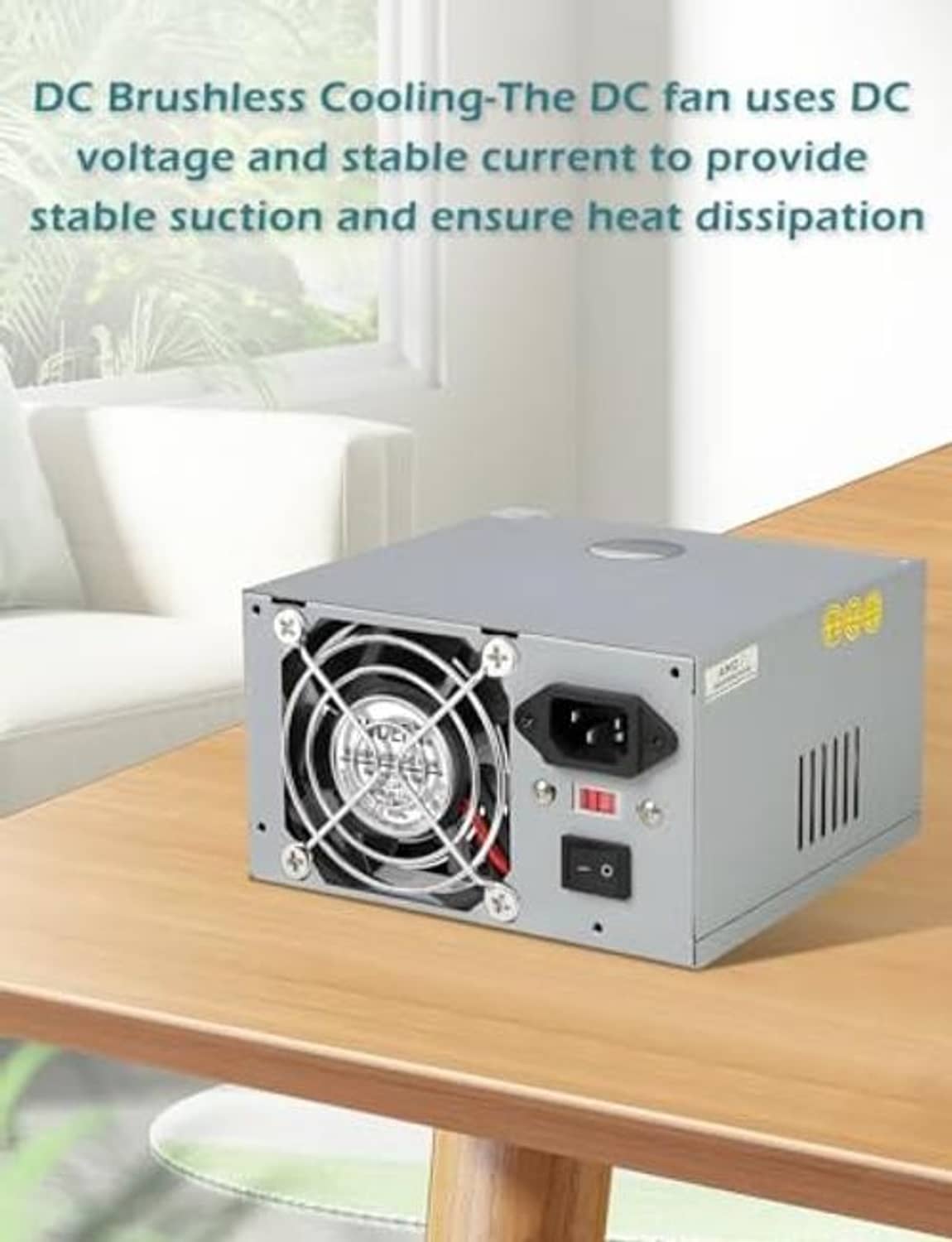 24V DC brushless cooling fan mounted on a metal enclosure with visible vent and power input