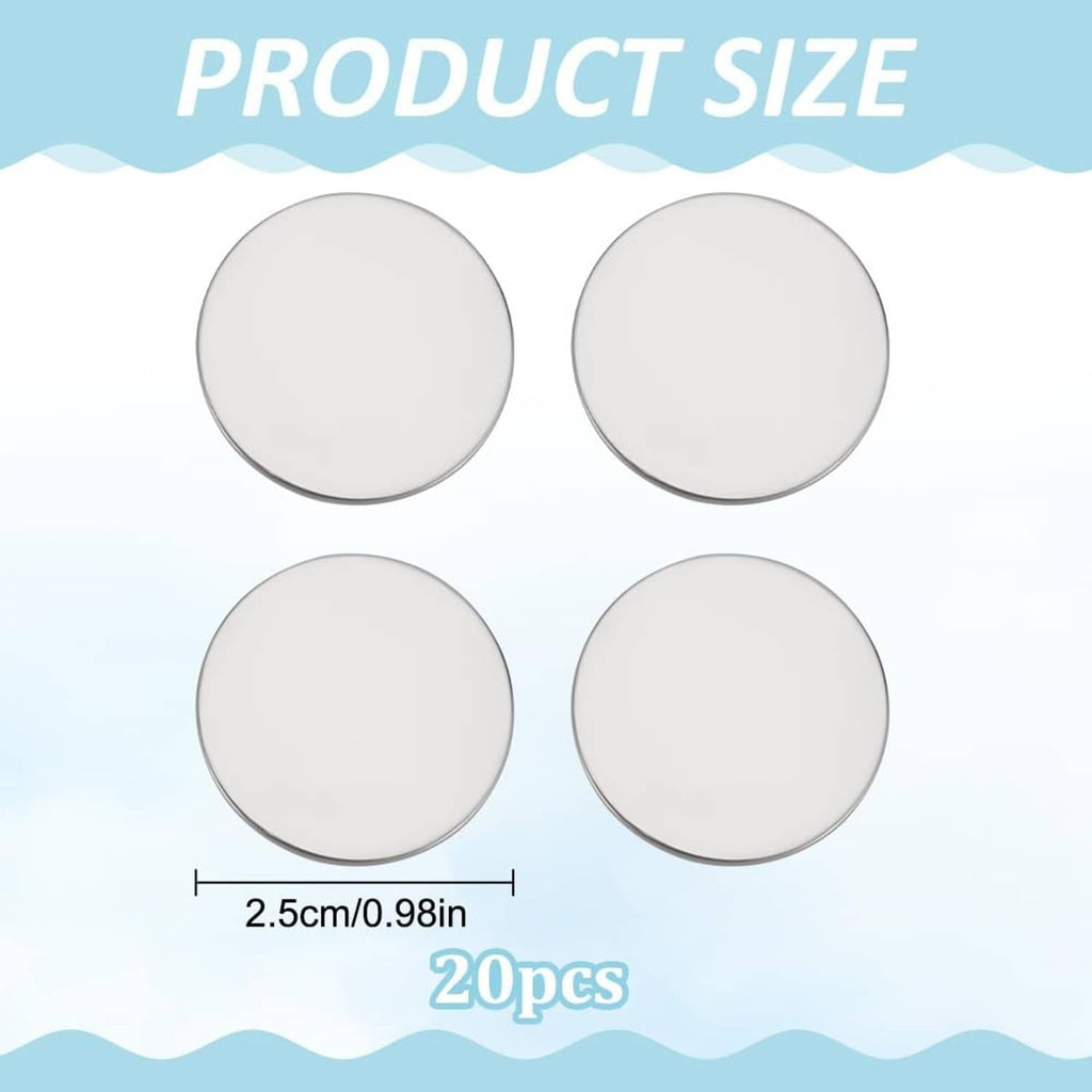 Round silver blank golf ball marker coins with size shown in inches